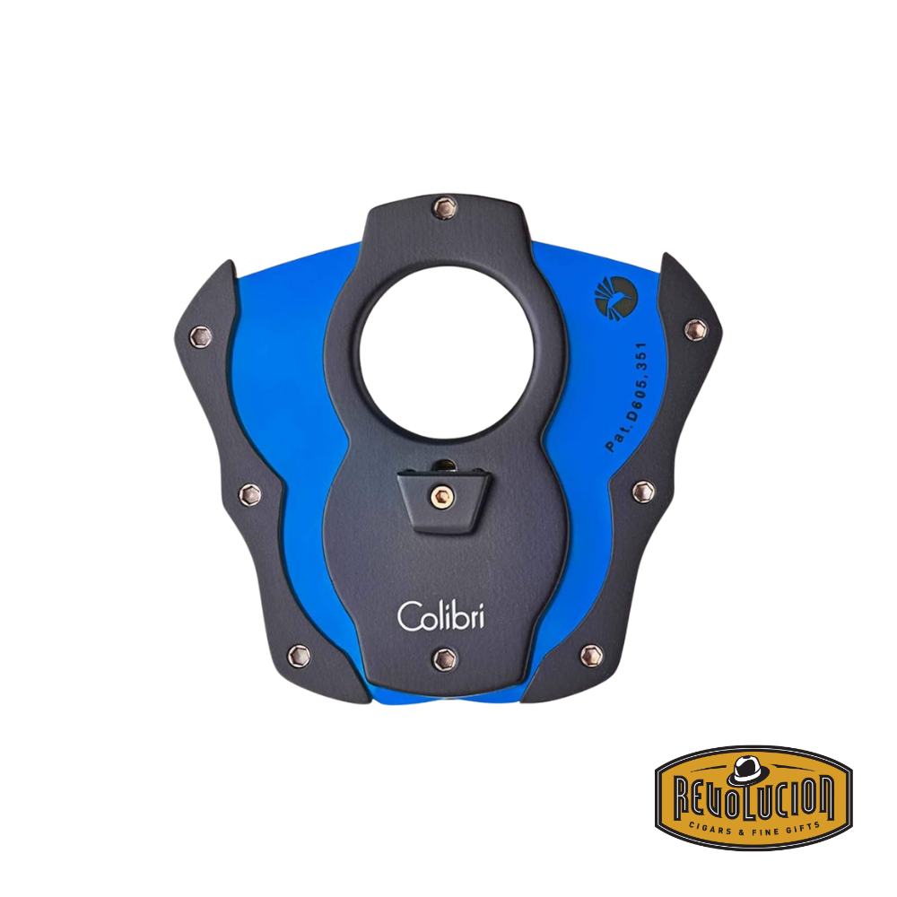 A Colibri cigar cutter in black and blue with its stainless steel blades fully opened, ready for a precise and effortless cut.
