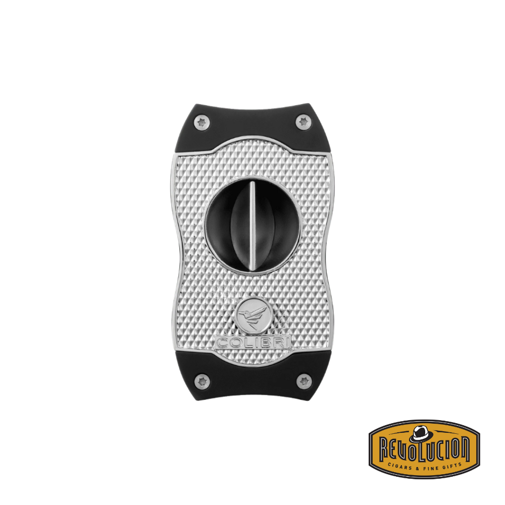 A sophisticated chrome-black Colibri Diamond V-Cut Cigar Cutter with a premium V-cut blade and an ergonomic, non-slip design for precise cuts.