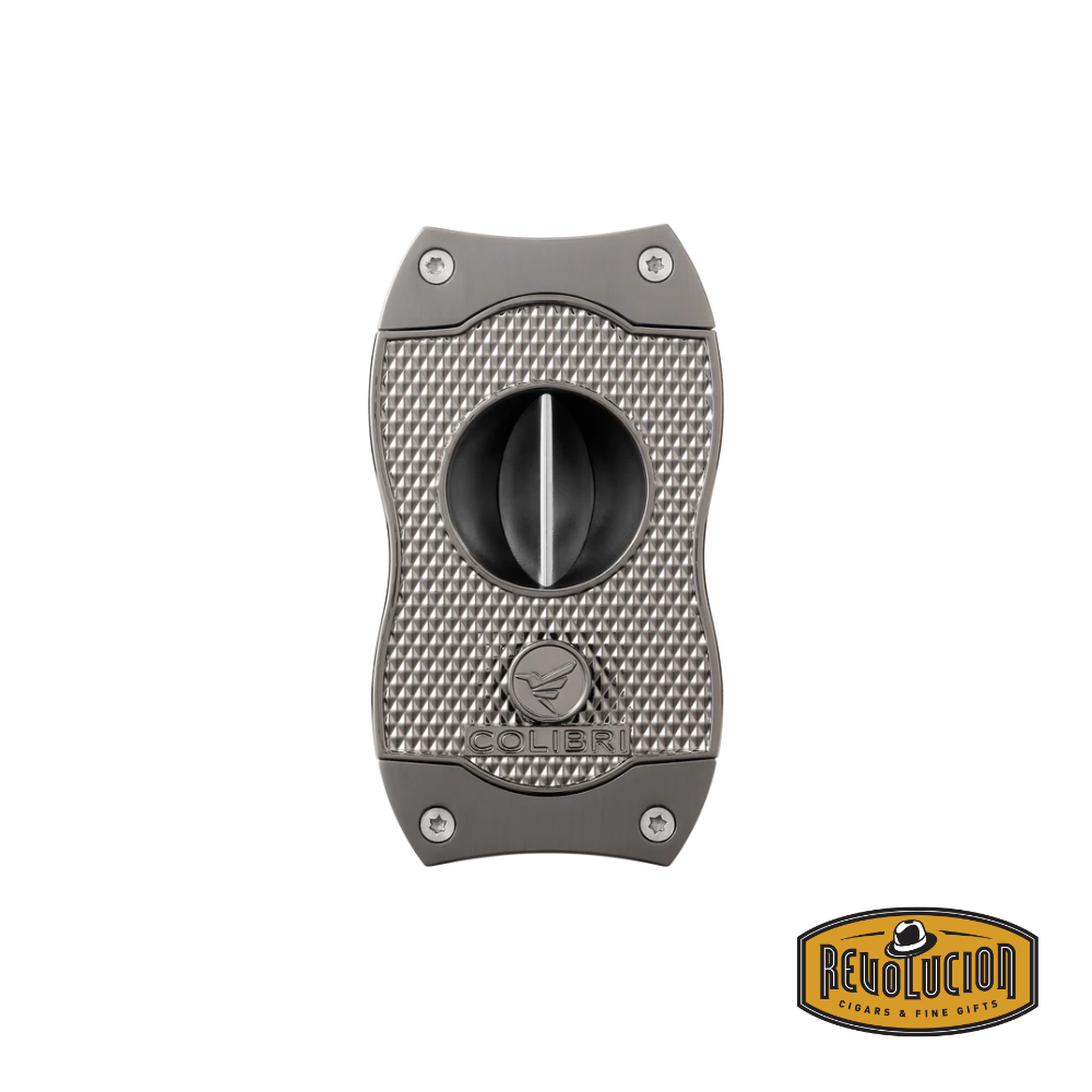 A stylish gunmetal Colibri Diamond V-Cut Cigar Cutter with a robust stainless-steel blade and a modern, textured finish for enhanced handling.