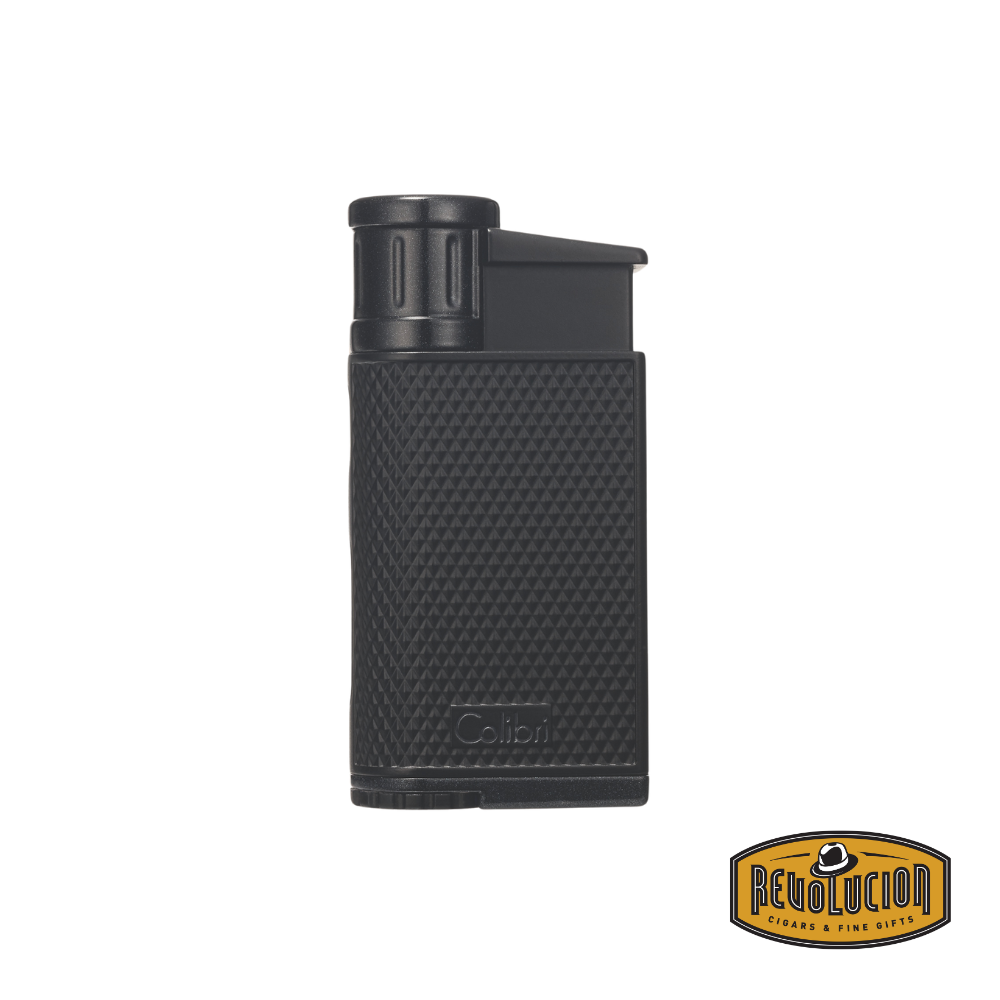 Colibri Evo Angled Single Jet Flame Lighter in Black with a sleek, all-black modern design.