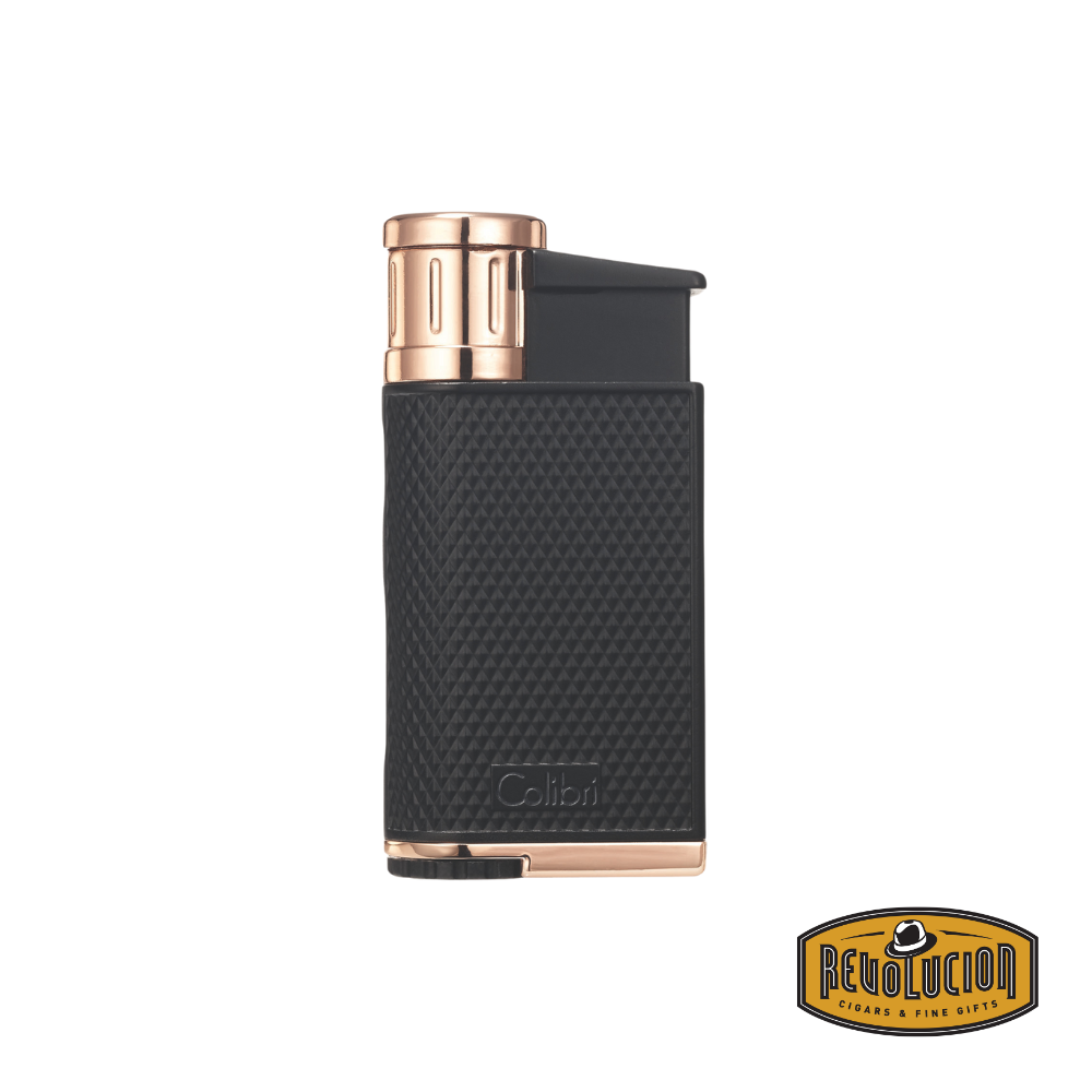 Colibri Evo Angled Single Jet Flame Lighter in Black and Rose Gold, featuring a luxurious two-tone finish.