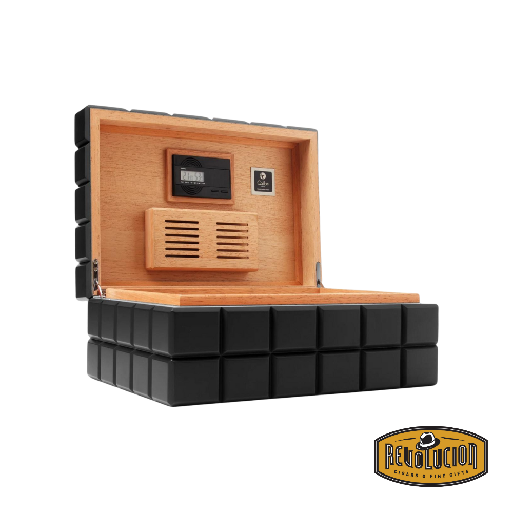 Colibri Heritage Cigar Humidor - Matte Black 125 Count, opened to reveal a well-crafted interior with a built-in humidification system, offering ample storage and premium protection for cigars.