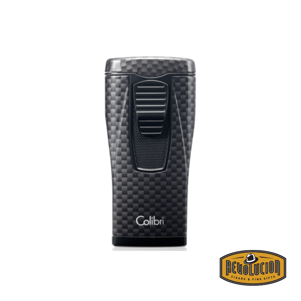Close-up of the Colibri Monaco Triple Jet Cigar Lighter in Black Carbon Fiber, highlighting its sleek, textured finish and ergonomic design.