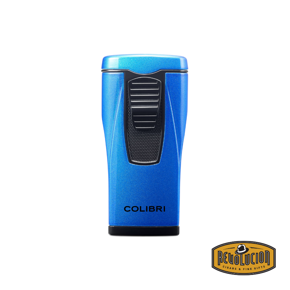 The Colibri Monaco Triple Jet Cigar Lighter in Metallic Blue, featuring a sleek, ergonomic design with a metallic finish.