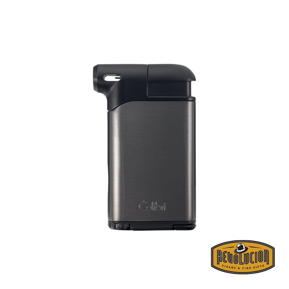 Colibri Pacific Air Soft Single Flame Lighter – Gunmetal & Black, refined metallic contrast, front view.