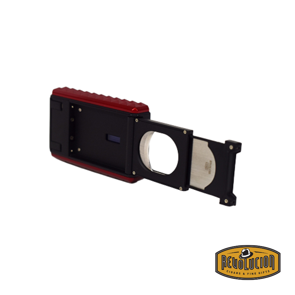 Colibri Quasar Astoria Triple-Jet Lighter in Red, with the straight cutter fully extended, highlighting its functionality.