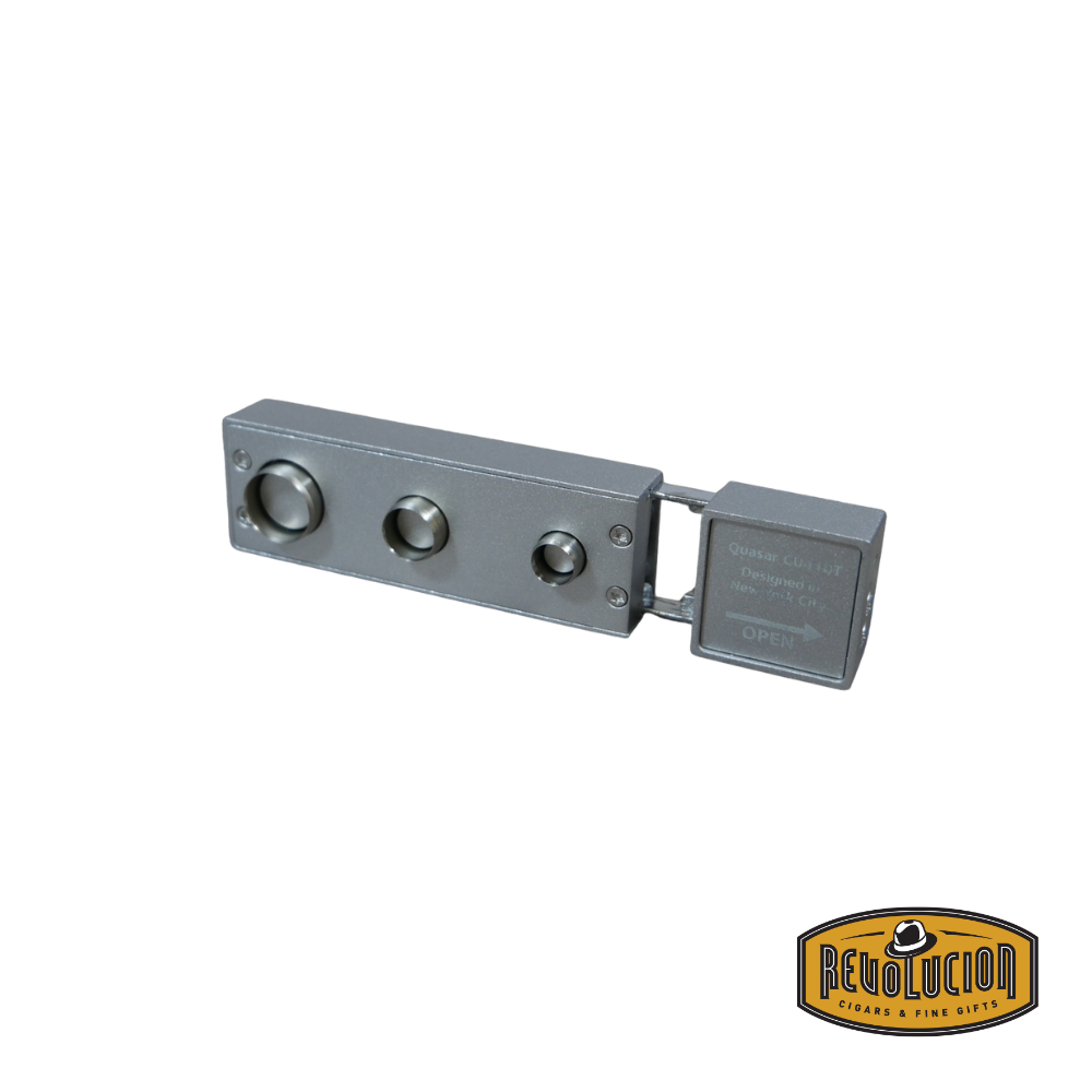 The Colibri Quasar Cigar Punch in silver, displayed with its three punch blades extended, offering multiple size options for a customized cigar cut.