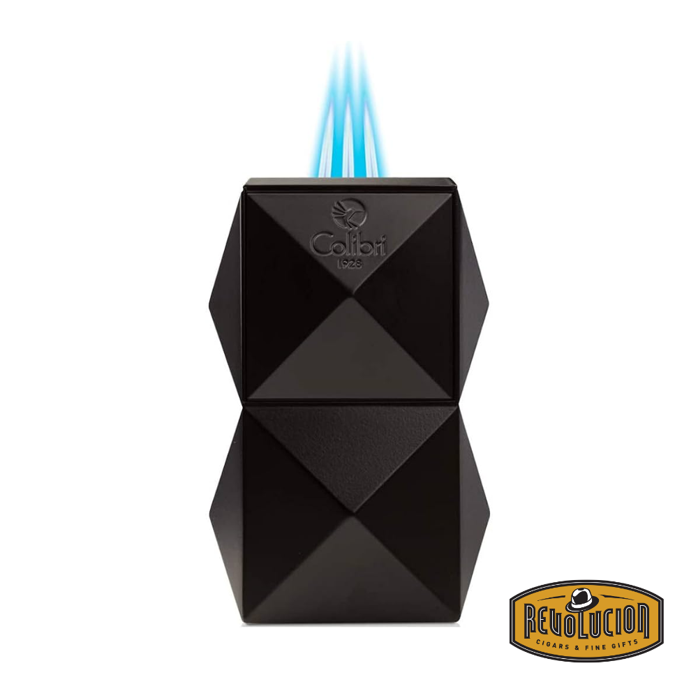 Colibri Quasar Triple Flame Table Lighter in Black with triple jet flames ignited for precision lighting.