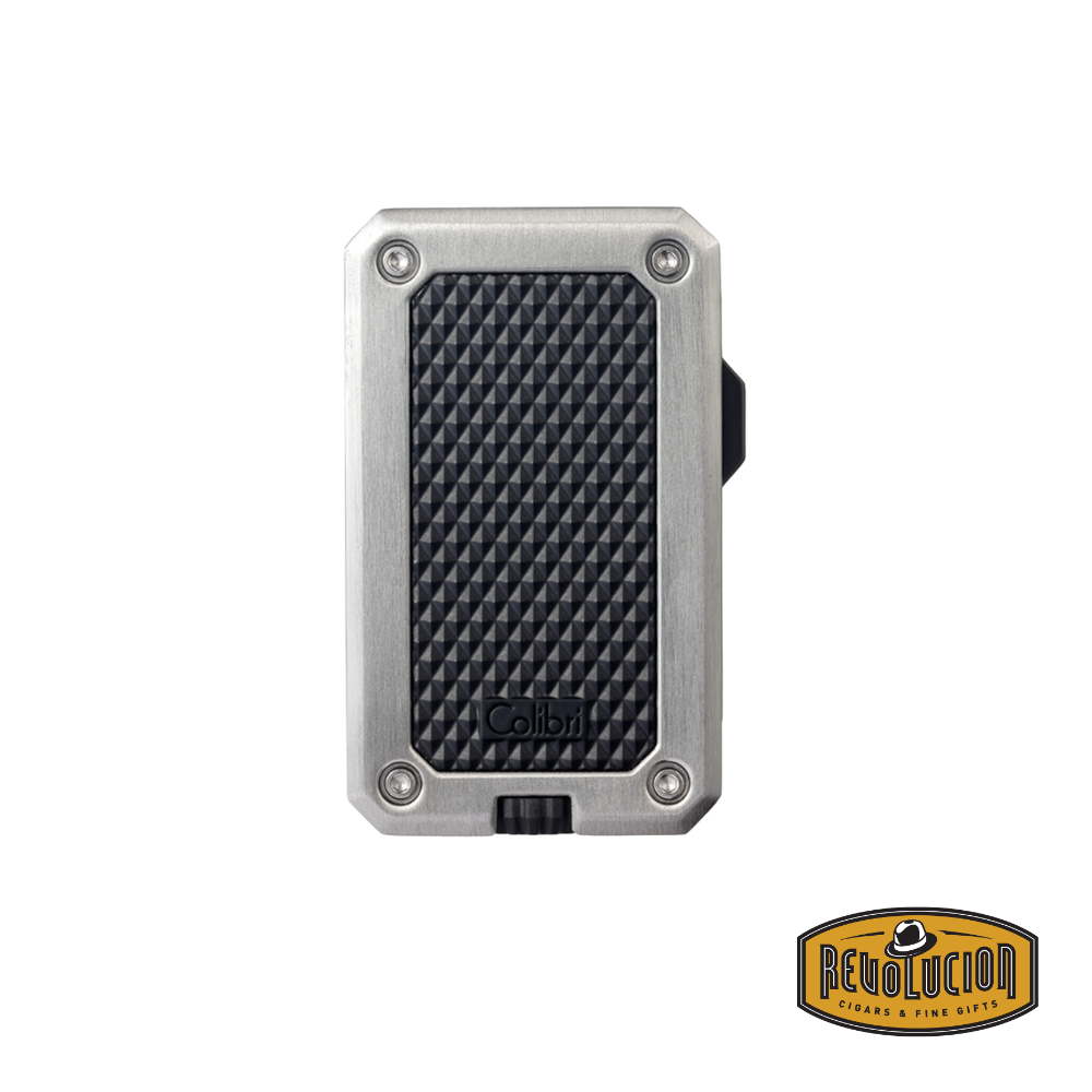 A refined chrome and black jet flame lighter with a polished metallic finish and sleek edges.