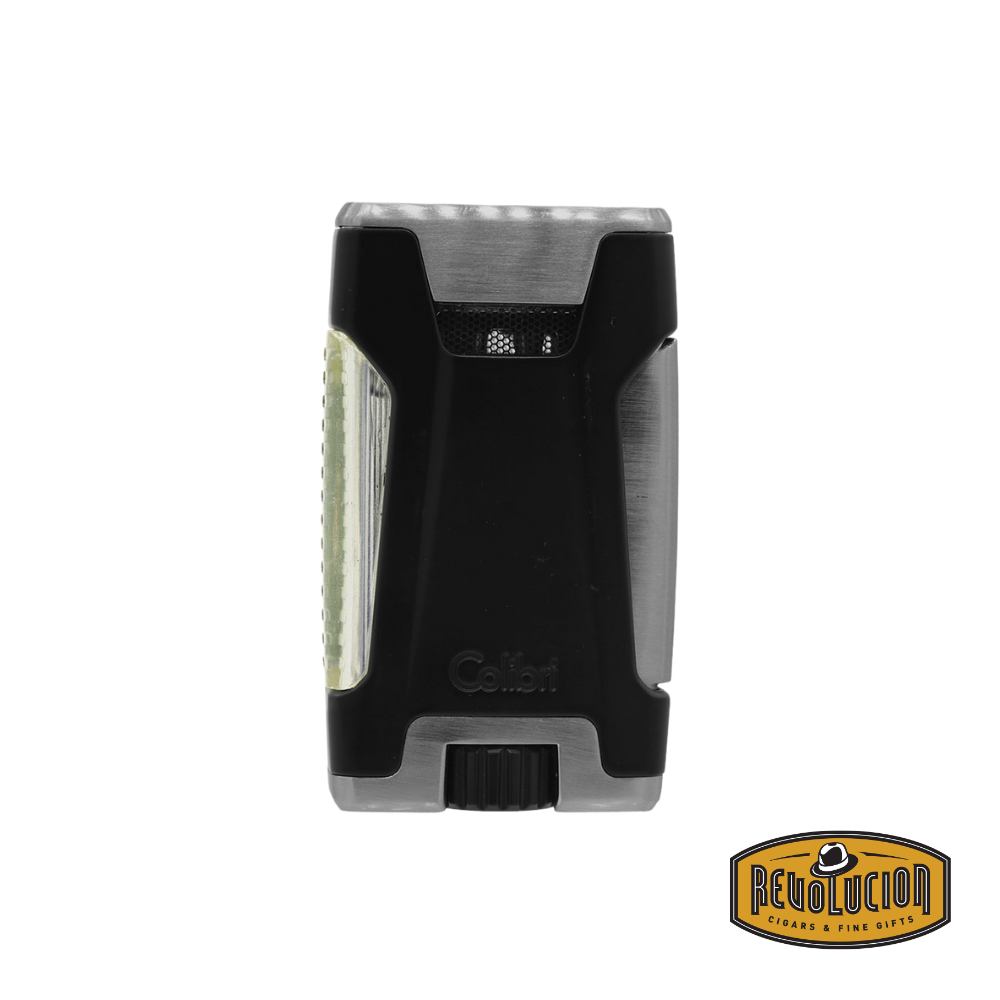 Colibri Rebel Double Flame Lighter in Black & Brushed Chrome, featuring a sleek metallic finish with a textured grip.