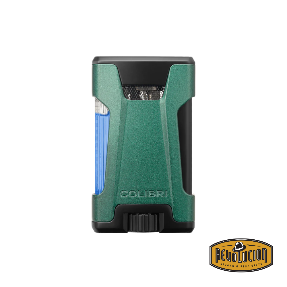 Colibri Rebel Double Flame Lighter in Green & Black, showcasing a bold green finish with black accents.
