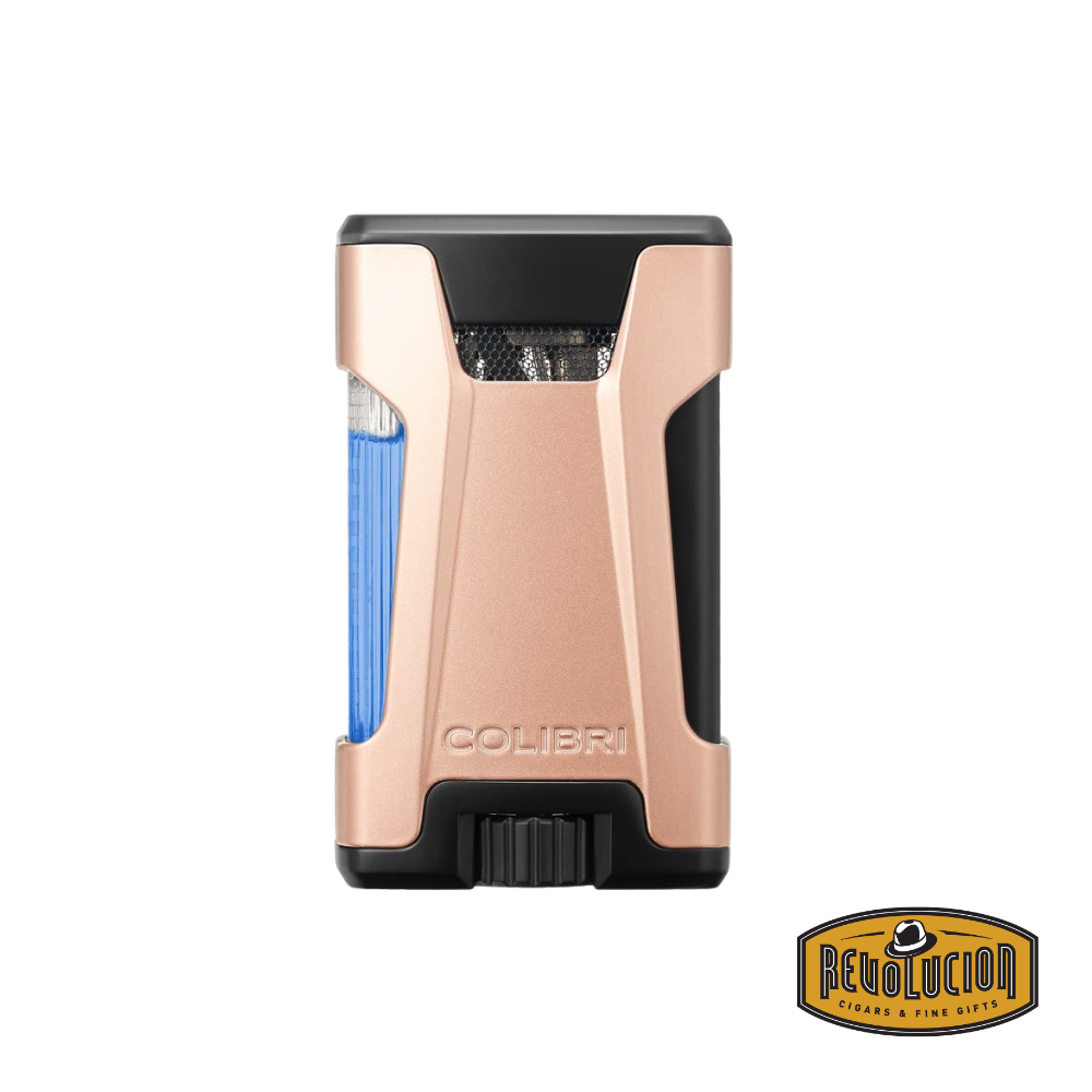 Colibri Rebel Double Flame Lighter in Rose Gold & Black, highlighting an elegant rose gold finish with a modern black frame.