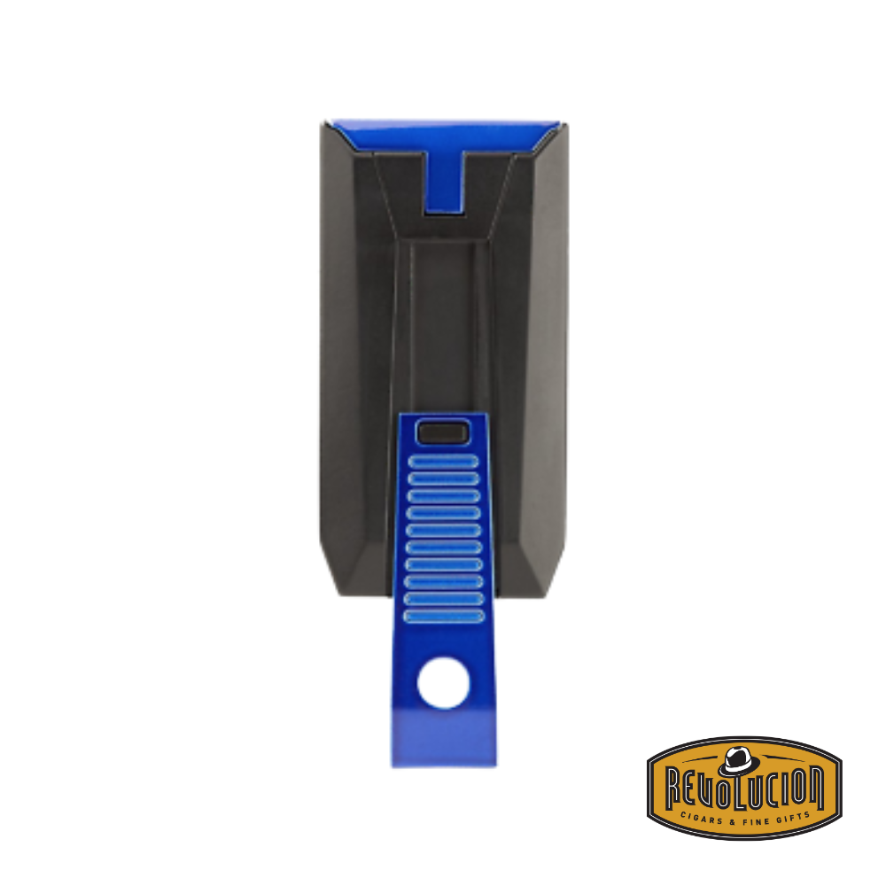 Colibri Slide Double Jet Flame Lighter in Black & Blue, back view showcasing the built-in punch cutter.