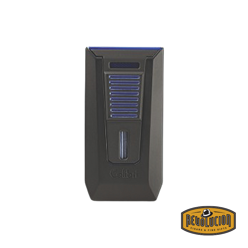 Colibri Slide Double Jet Flame Lighter in Black & Blue, featuring a sleek front design.