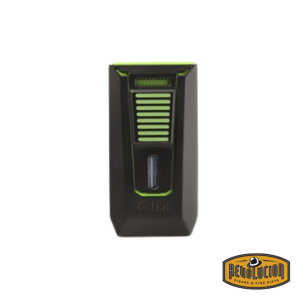 Colibri Slide Double Jet Flame Lighter in Green & Black, featuring a sleek front design.
