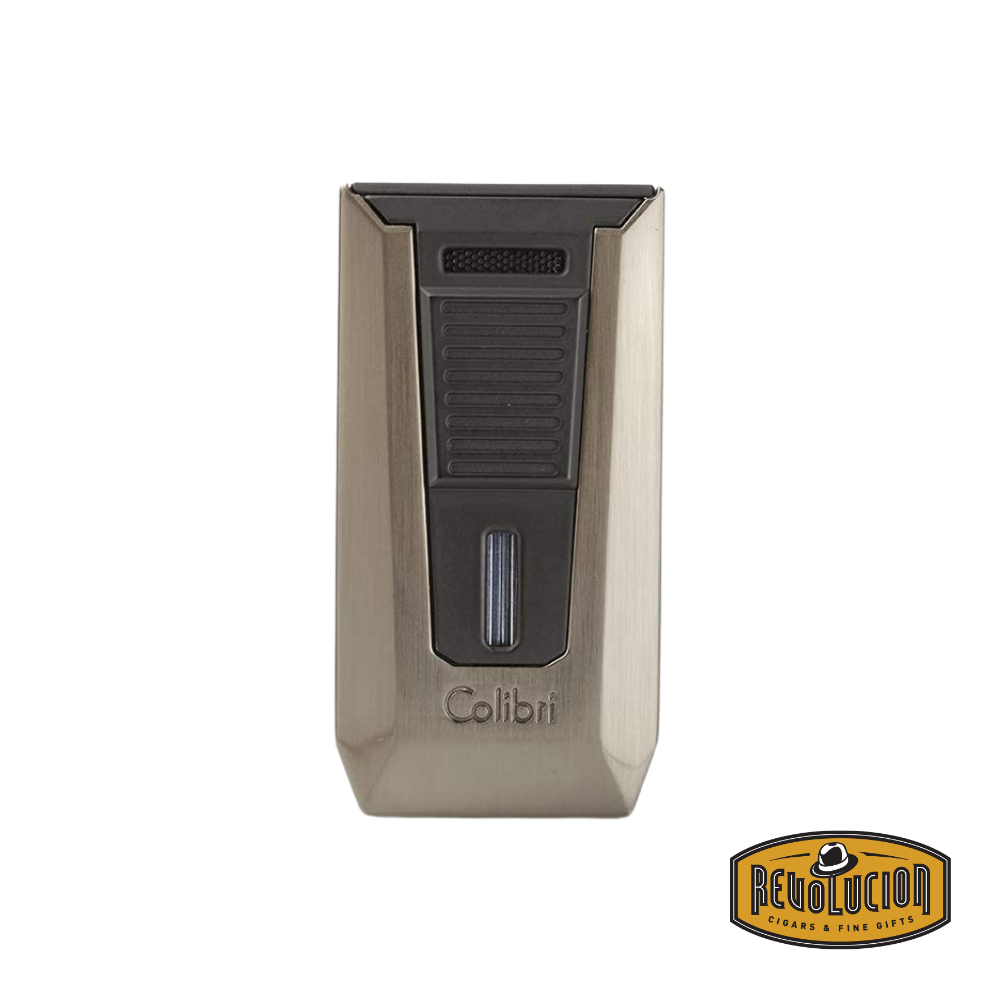 Colibri Slide Double Jet Flame Lighter in Gunmetal & Matte Black, featuring a sleek front design.