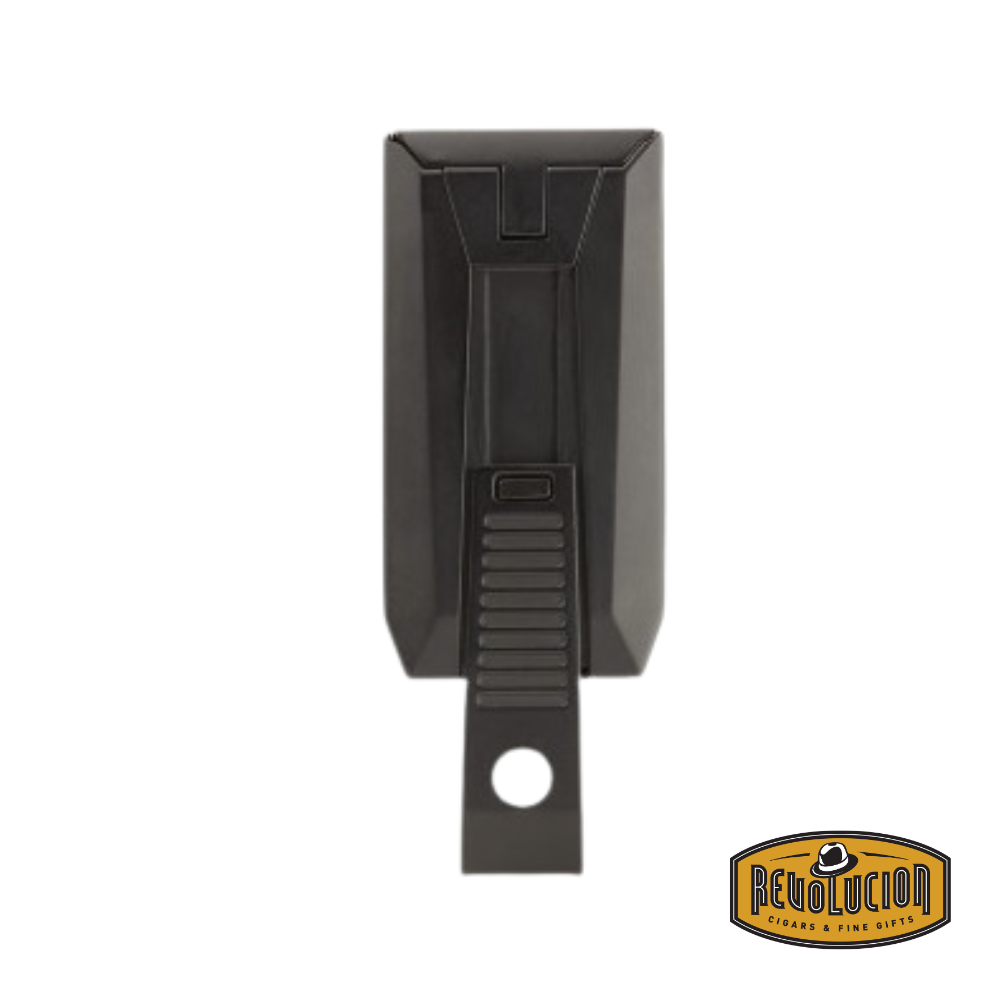 Colibri Slide Double Jet Flame Lighter in Matte Black, back view showcasing the built-in punch cutter.