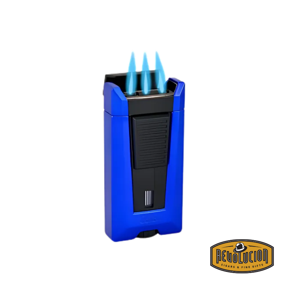 Colibri Stealth 3 Triple Flame Cigar Lighter in Blue, opened with three powerful flames.