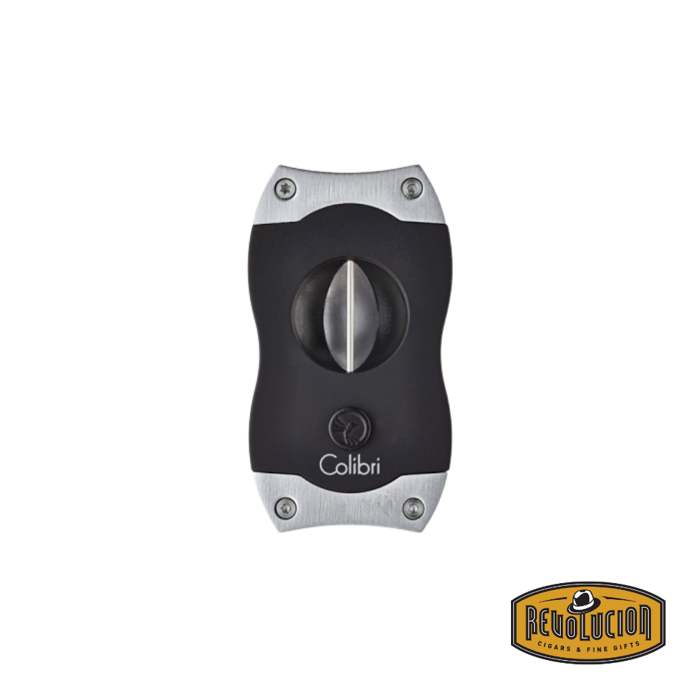A sophisticated black and chrome Colibri V-cut cigar cutter with a sharp stainless steel blade, perfect for a clean cigar cut.