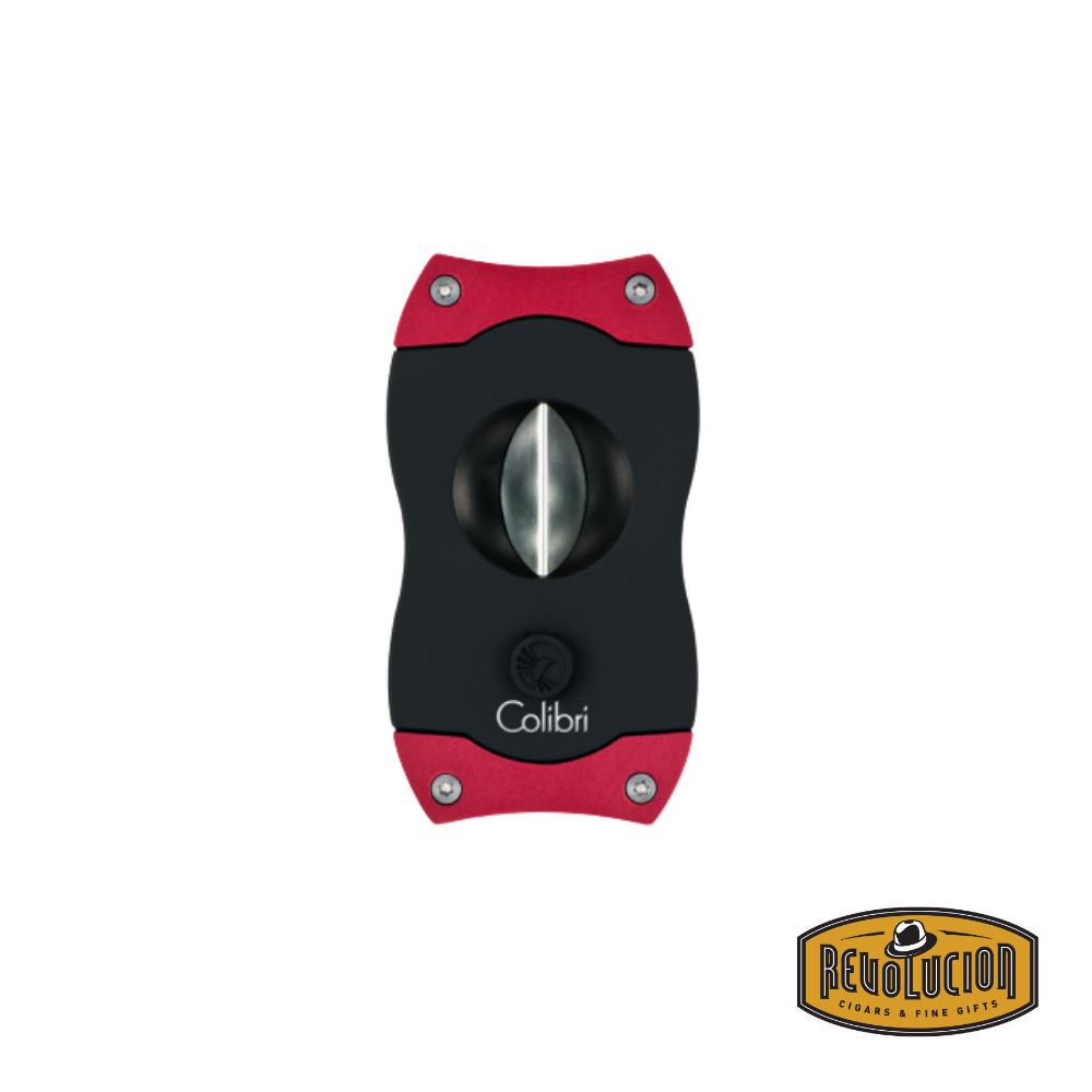 A bold black and red Colibri V-cut cigar cutter with a durable stainless steel blade, ideal for achieving a deep and precise cut.