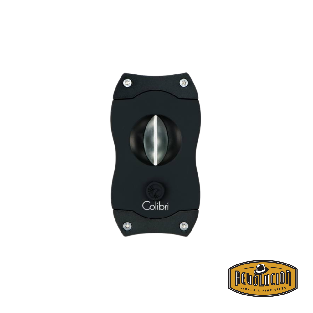 A sleek black Colibri V-cut cigar cutter with a stainless steel blade, designed for a precise and deep cut.