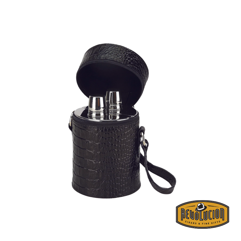 Concord Double Flask Set with Leather Case in Black Crocodile, featuring a luxurious 20oz double flask with a sleek black crocodile-patterned leather exterior, paired with a refined leather case for secure and stylish transport.