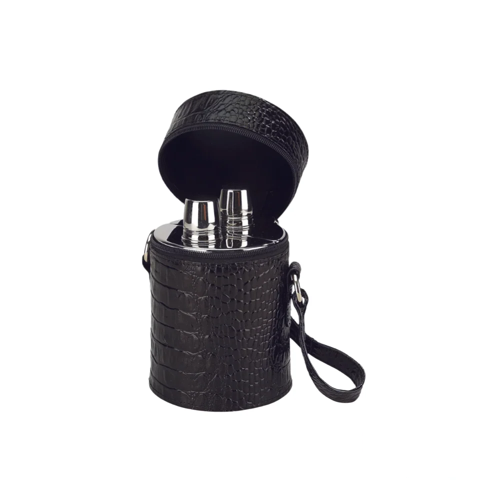 Concord Double Flask Set with Leather Case in Black Crocodile, featuring a luxurious 20oz double flask with a sleek black crocodile-patterned leather exterior, paired with a refined leather case for secure and stylish transport.
