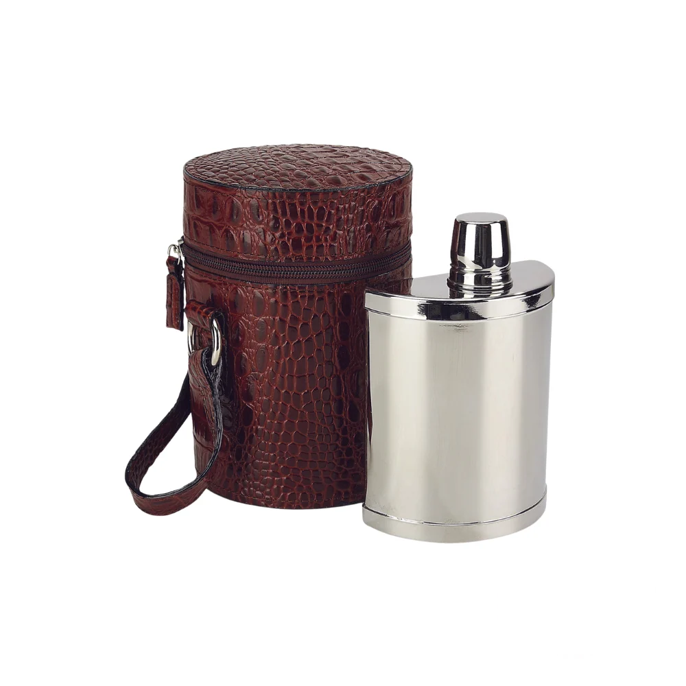 Concord Double Flask Set with Leather Case in Brown Crocodile, showcasing an elegant 20oz double flask with a rich brown crocodile-patterned finish, complemented by a high-quality leather case for added sophistication.