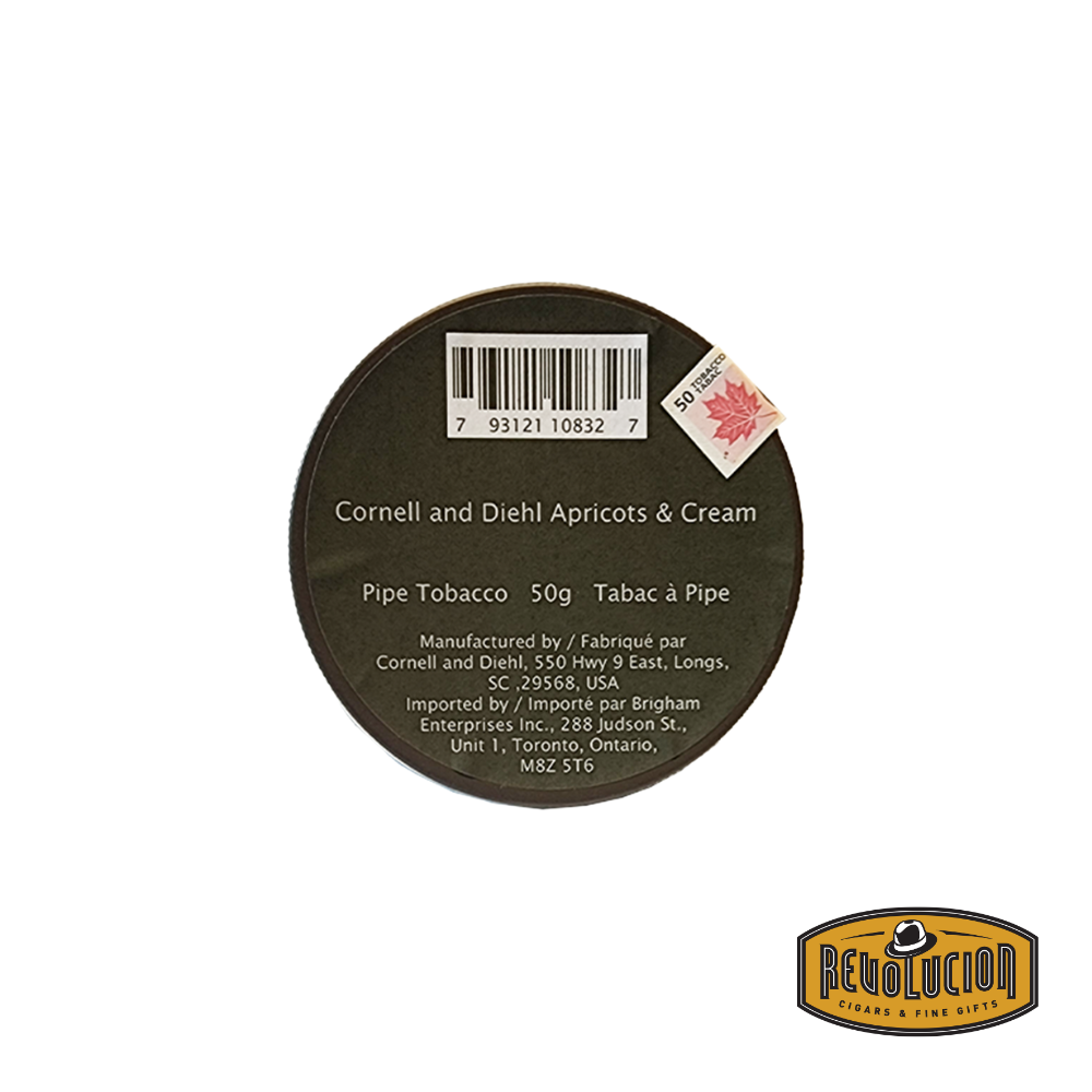 Cornell & Diehl Apricots & Cream pipe tobacco tin. The packaging highlights its mellow and fruity profile, with apricot and vanilla notes as key elements. The design is simple yet inviting, and the “Revolución” logo appears in the corner.