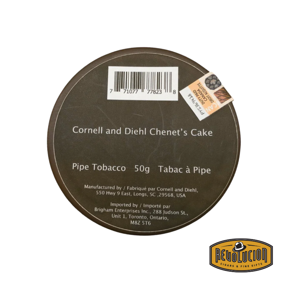Cornell & Diehl Chenet's Cake Pipe Tobacco - Canadian plain packaging with health warnings and simplified design.