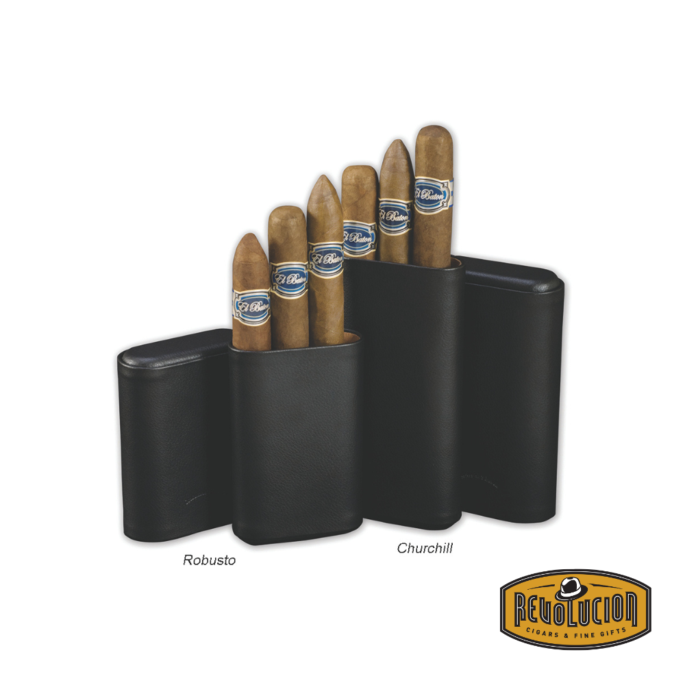 Craftsman's Bench 3 Cigar Case Churchill in black, displayed with cigars inside, highlighting its premium leather construction and spacious capacity.