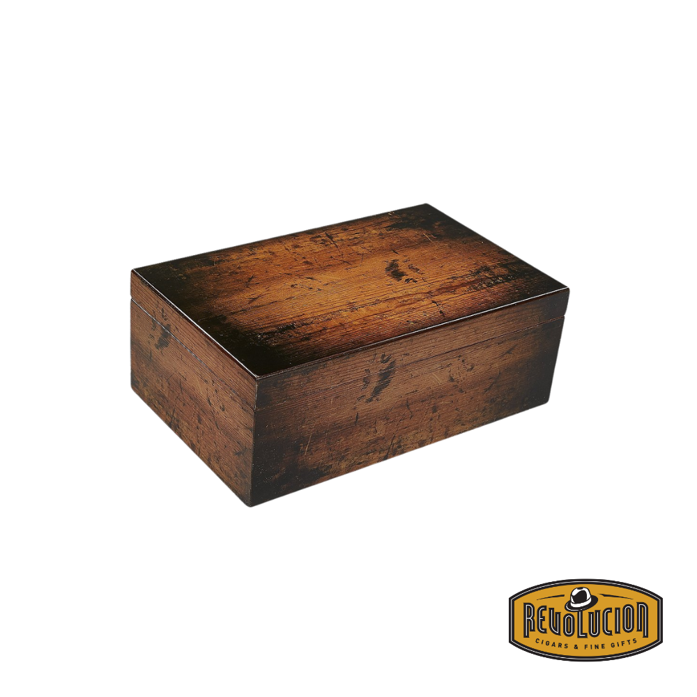 A Craftsman’s Bench Rustic 90-Cigar Humidor, displayed closed, showcasing its elegant rustic wood finish and classic design, perfect for storing and preserving premium cigars.