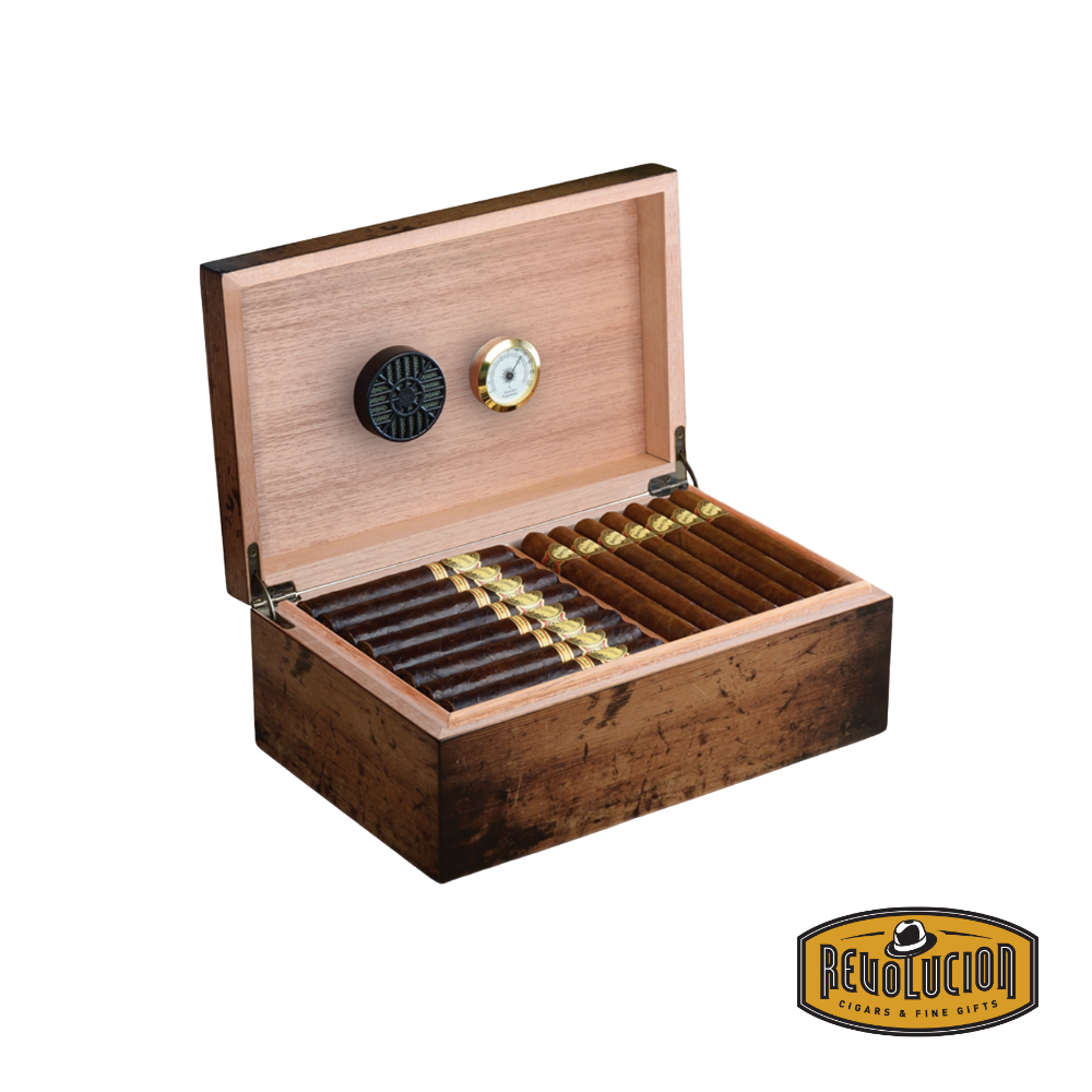 The Craftsman’s Bench Rustic 90-Cigar Humidor, shown open, displaying its spacious interior, built-in hygrometer, and humidification sponge, with a few cigars neatly stored inside.