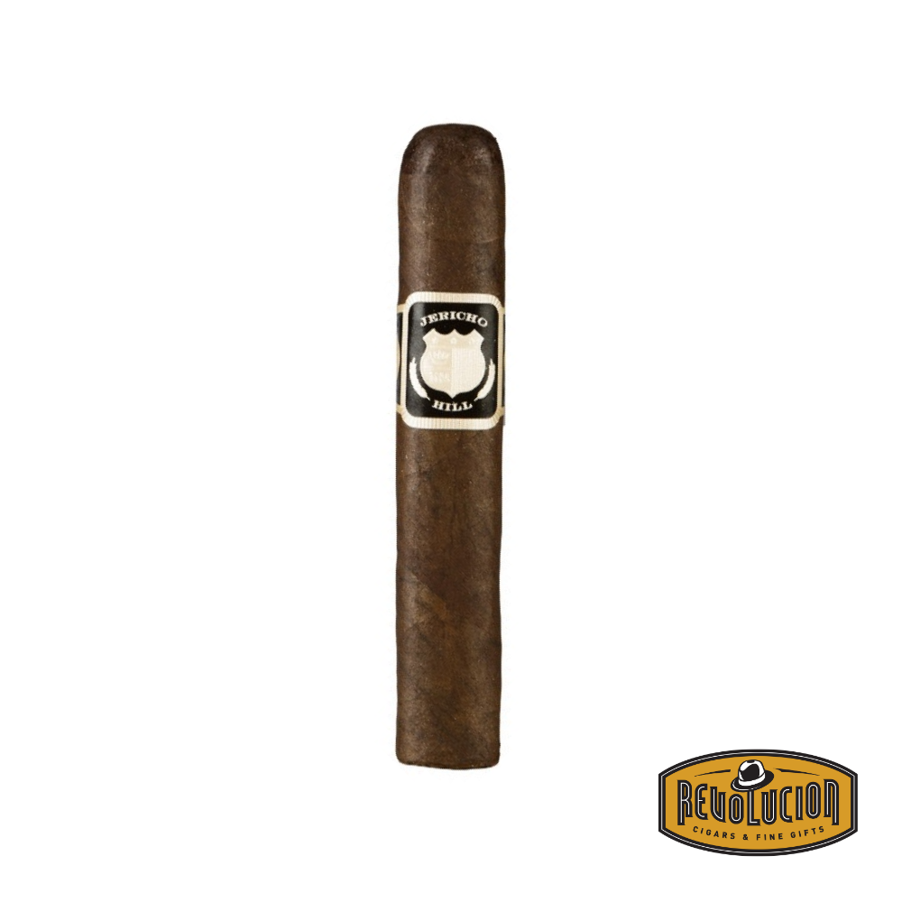 Crowned Heads Jericho Hill - OBS Medium-Full Strength Nicaraguan Cigar on a white background with the Revolucion logo, highlighting its dark, oily wrapper and elegant band design.