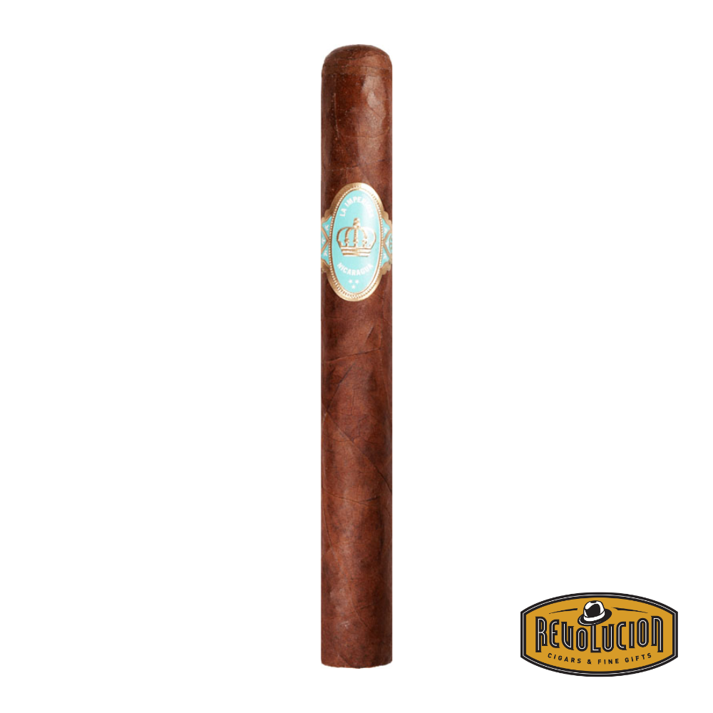 Crowned Heads La Imperiosa Double Robusto Full Strength Nicaraguan Cigar on white background, featuring a dark wrapper and elegant band design.