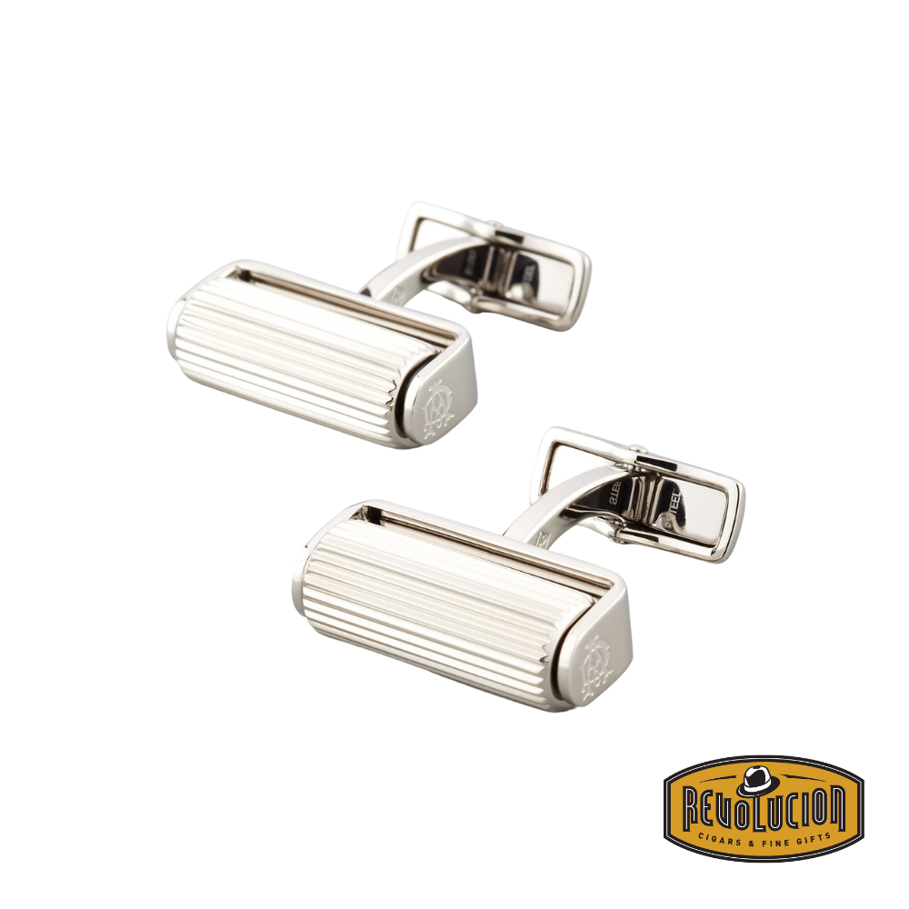 Dunhill cufflinks with a sleek silver-tone roller design, showcasing a modern and sophisticated aesthetic.