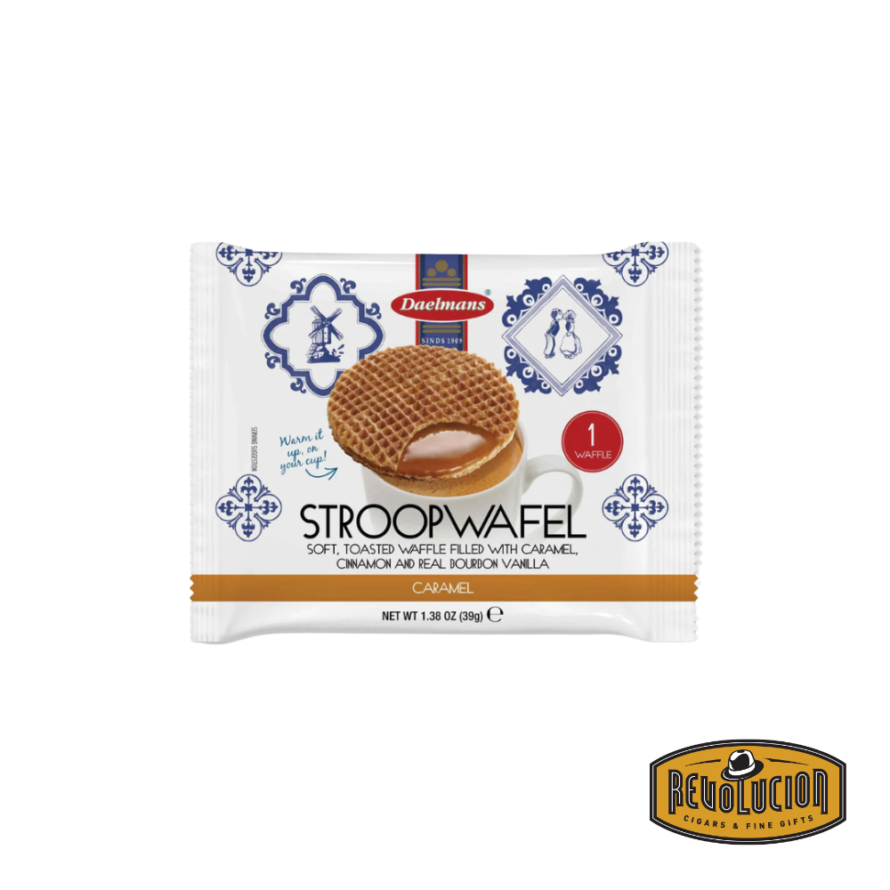 Daelmans Jumbo Caramel Stroopwafel, individually wrapped, showcasing its golden-brown waffle exterior with caramel filling visible between the thin, crisp layers.