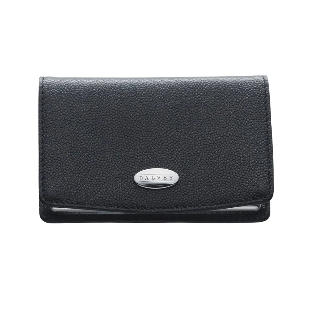 Dalvey Black Leather Business Card Case featuring a textured leather exterior and a metal logo plaque on the front, with a sleek and professional design, perfect for holding and organizing business cards.