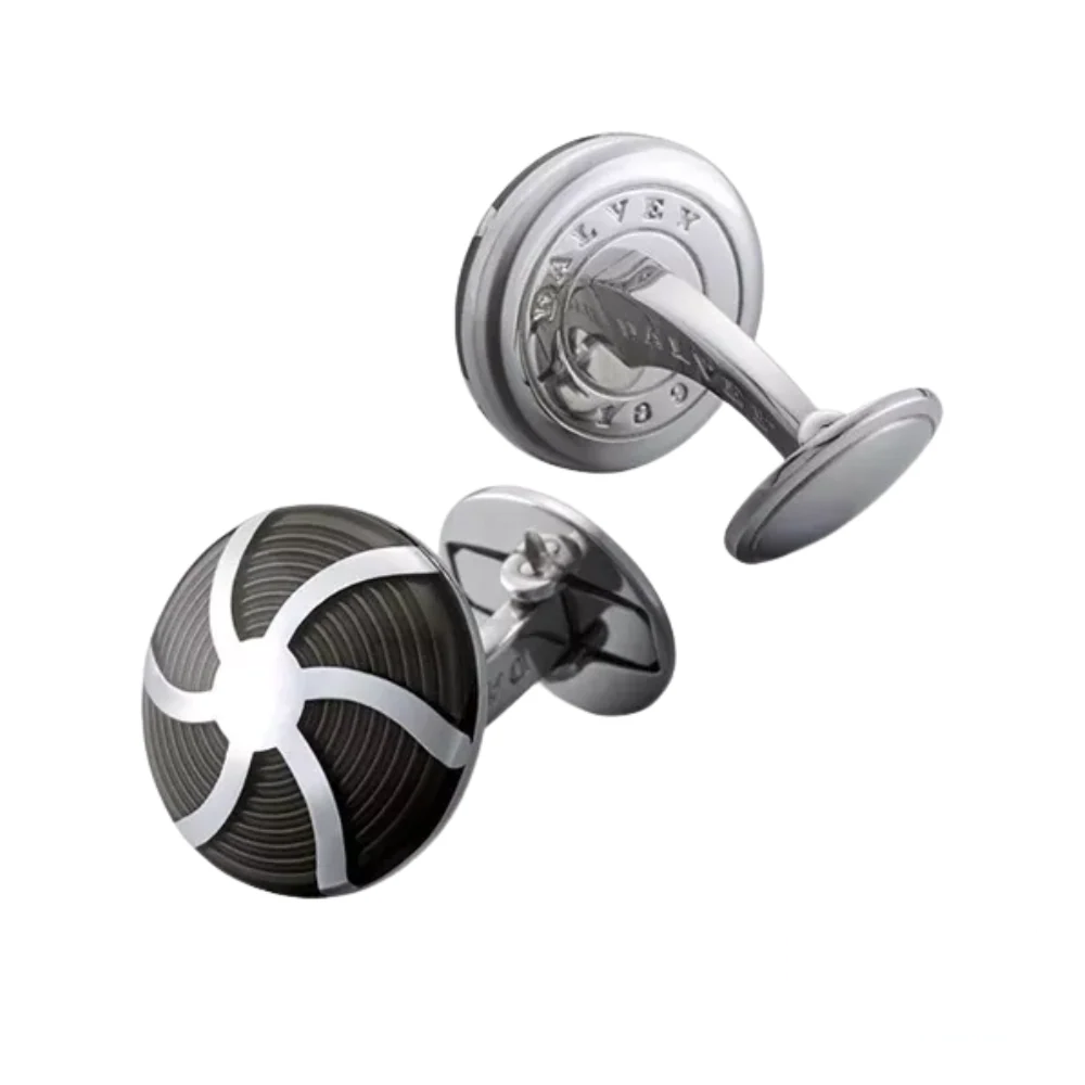 Dalvey Coriolis Cufflinks for men featuring a striking black and silver swirl design with a polished stainless steel finish, crafted for a sophisticated and modern look.