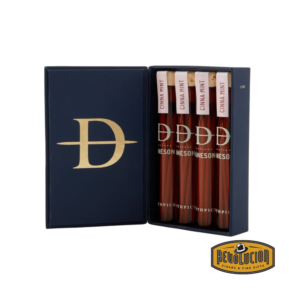 A premium box of Daneson No.07 Cinnamint Infused Toothpicks containing four bottles, each filled with rich, naturally infused toothpicks. The sleek packaging enhances its sophisticated and gift-worthy appeal.