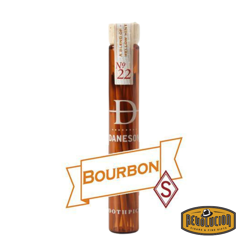 A sleek flask of Daneson No.22 Bourbon Infused Toothpicks, elegantly designed and filled with premium wooden toothpicks infused with the rich, smoky essence of fine bourbon. The refined packaging reflects the brand’s dedication to craftsmanship and quality.