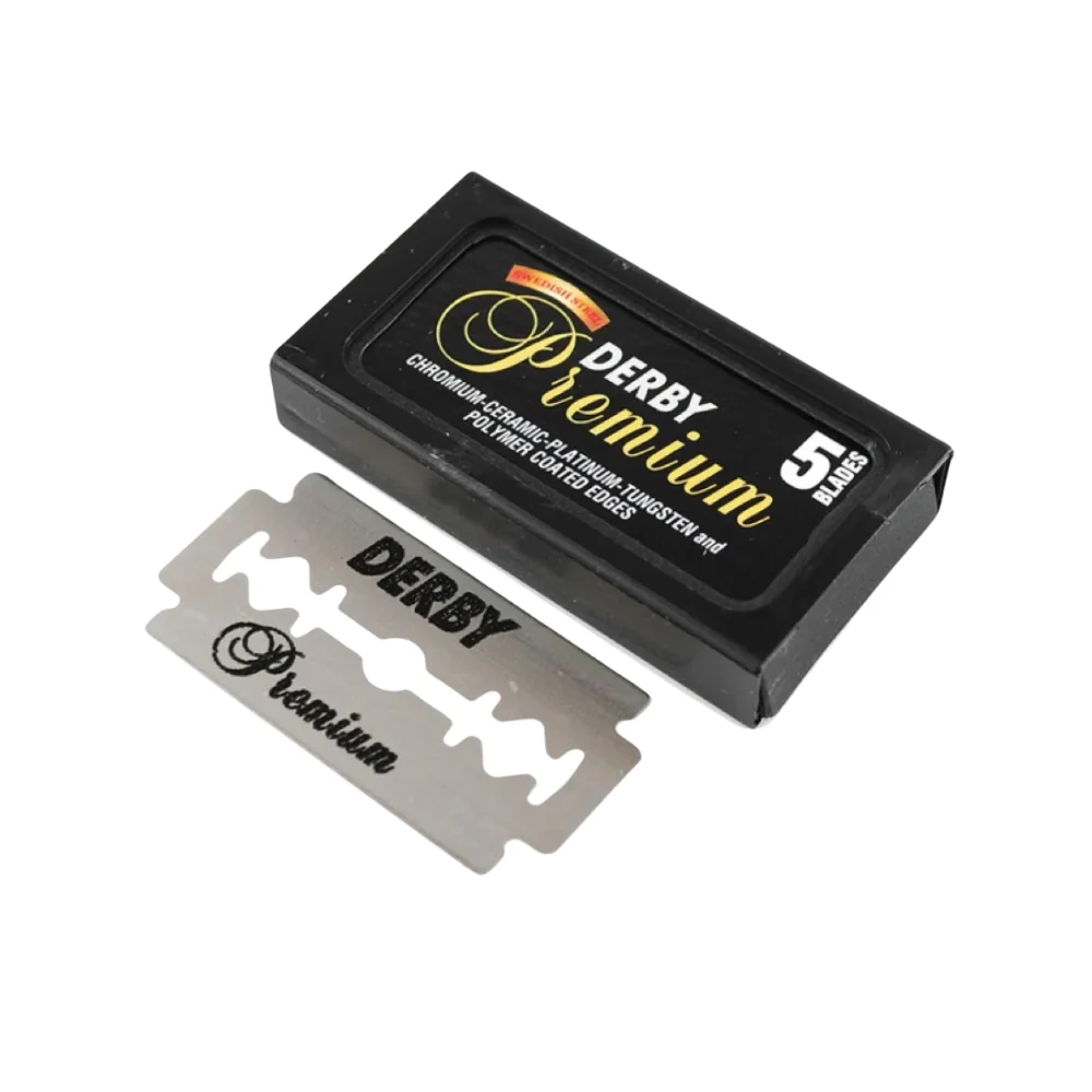 Derby Premium double edge razor blades 5-pack in black and gold packaging.