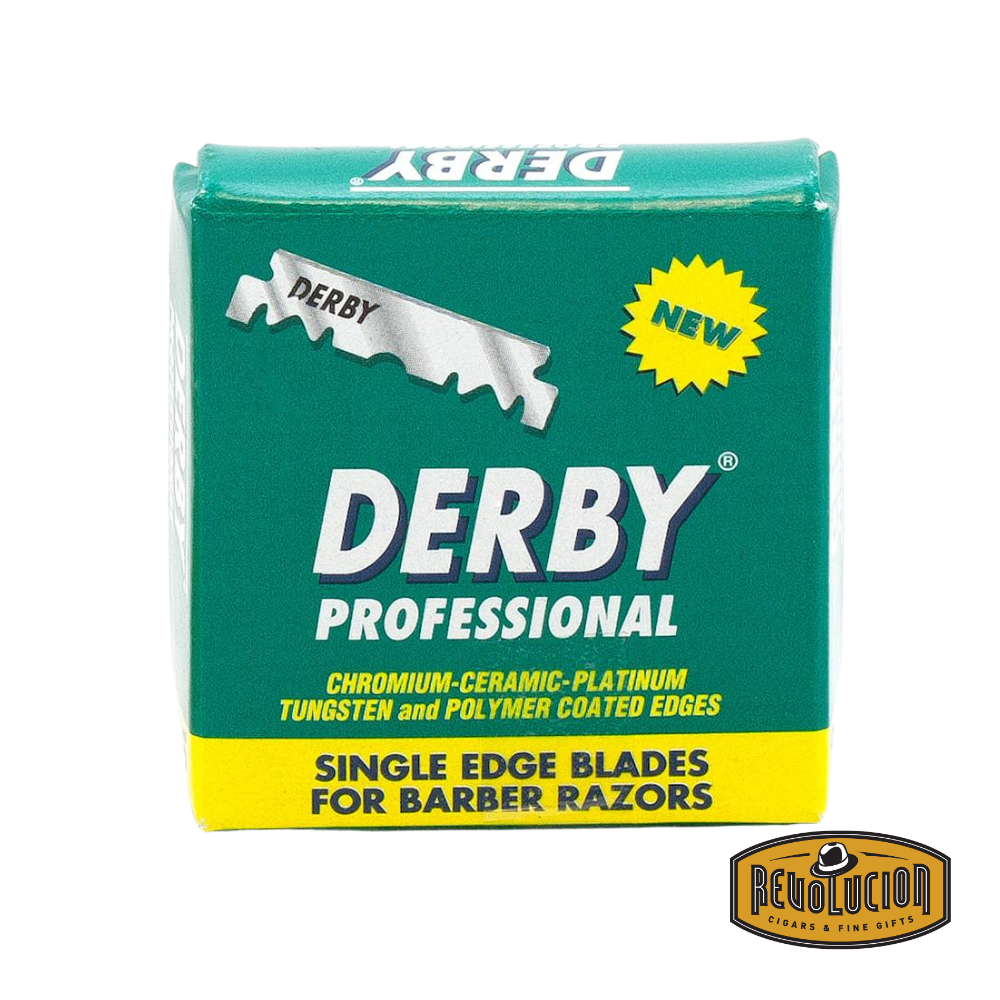 Derby Professional Half Blade 100 Pack – Straight razor blades in a yellow and green box designed for shavettes.