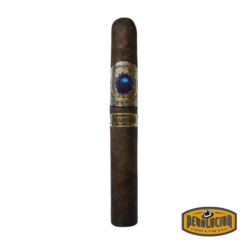 Dominion Black Lotus Toro Maduro cigar with a dark wrapper and medium-bodied Honduran blend.