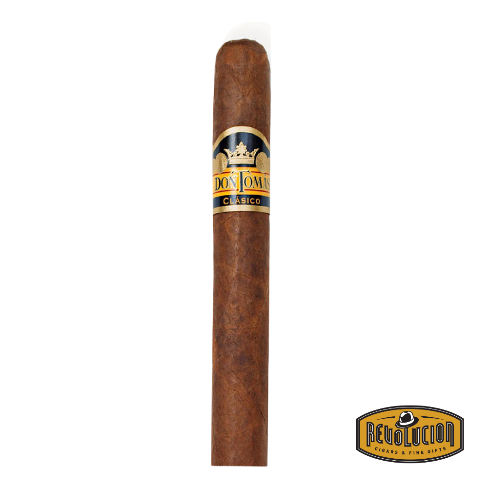 Don Tomás Clásico Presidente cigar, a medium-strength Honduran cigar with a smooth wrapper and traditional band, displayed individually or in a wooden box.