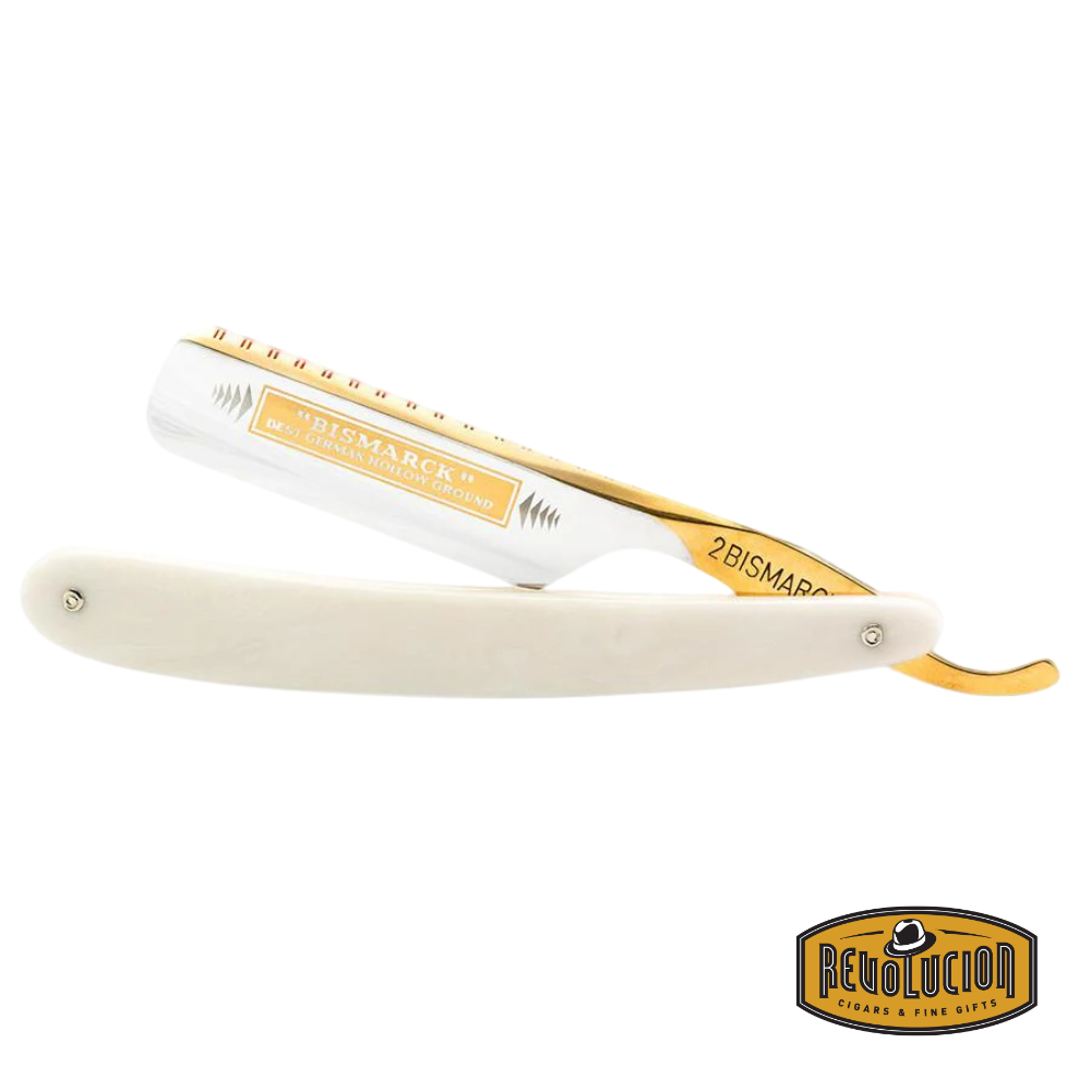 Back view of the Dovo Bismarck Straight Razor showcasing the pearlescent acrylic handle and detailed spine engraving.