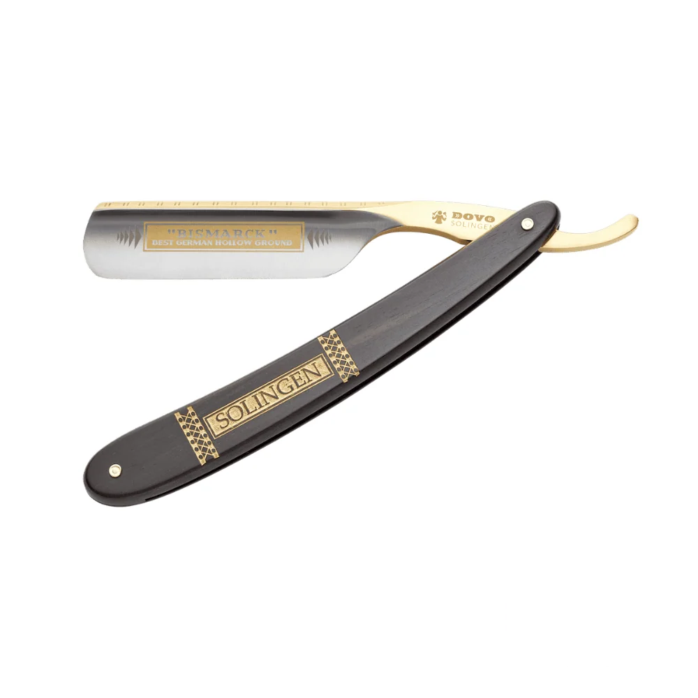 Front view of Dovo Bismarck straight razor with ebony wood handle.