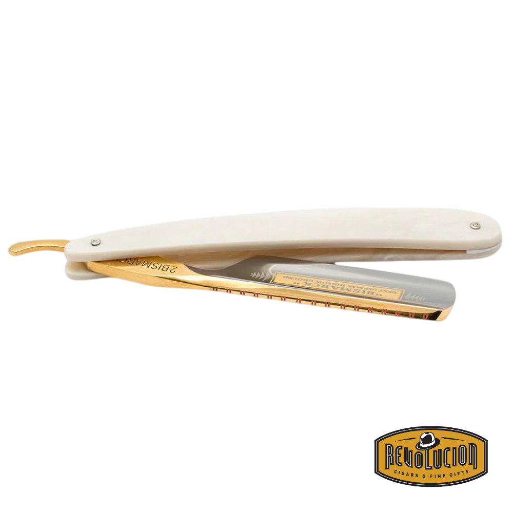 Front view of the Dovo Bismarck Straight Razor with Pearl Acrylic Handle, 6/8 inch blade.