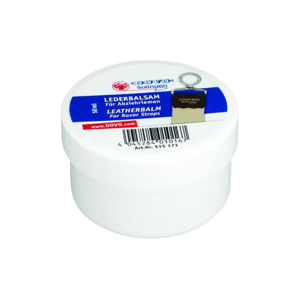 Front view of Dovo Leather Balm for Razor Strops, showing the product container and label.
