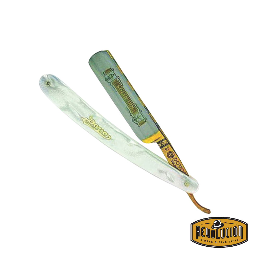 Front view of the Dovo Pearl Straight Razor with imitation pearl handle, showcasing the blade and handle design.